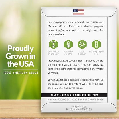 Mexican Serrano Pepper Seeds for Planting | Fresh Hot Chili & Green Hot Pepper Seeds – Heirloom Non-GMO Variety for Sauce, Salsa & Pickling – Survival Garden Seeds (5 Packs)