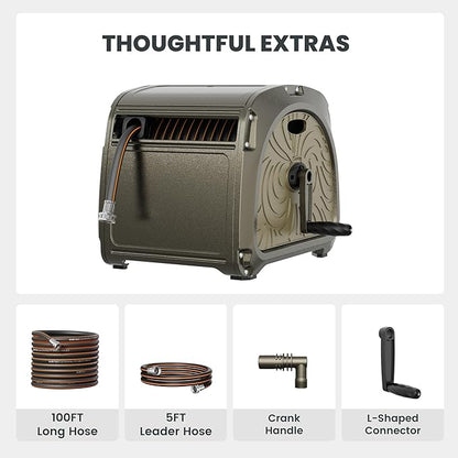 Giraffe Tools SW5-100ft Metal Hose Reel Box, 100 ft Rubber Hose Garden Hose Storage Heavy Duty Reel Hideaway, Crank Handle, 100ft 5/8" Hose, Green