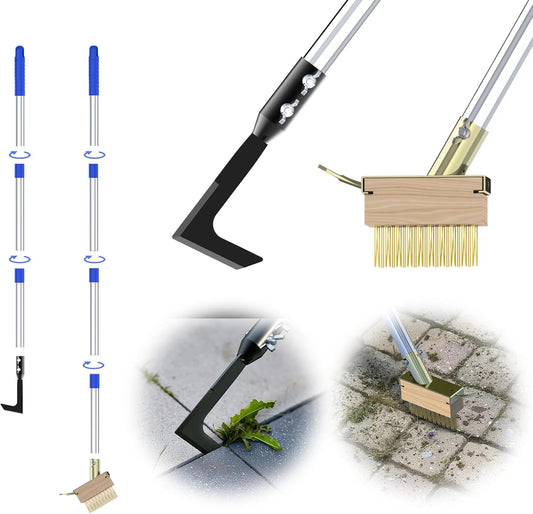 Crack Weeder Tool Set, Manual Stainless Steel Crevice Weeding Tool with Adjustable Handle for Moss & Weed Removal in Driveways, Patios, Pavers, Garden Cracks