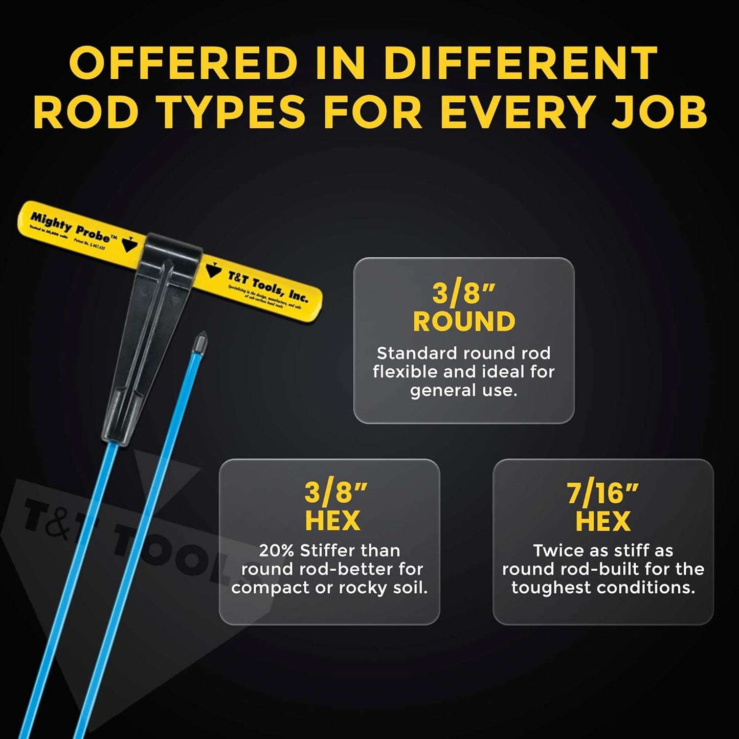 T&T Tools 42-Inch Mighty Probe Insulated Metal Soil Probe – 3/8" Metal Round Rod, Heavy Duty Design for Easy Penetration & Withdrawal, Soil Testing & Landscaping Tools, T-Handle, USA-Made-6 Pack