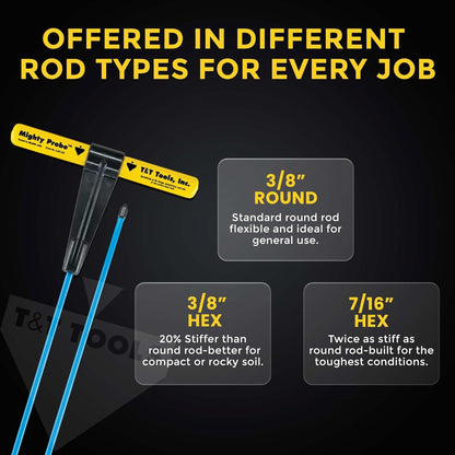 T&T Tools 42-Inch Mighty Probe Insulated Metal Soil Probe – 3/8" Metal Round Rod, Heavy Duty Design for Easy Penetration & Withdrawal, Soil Testing & Landscaping Tools, T-Handle, USA-Made-2 Pack