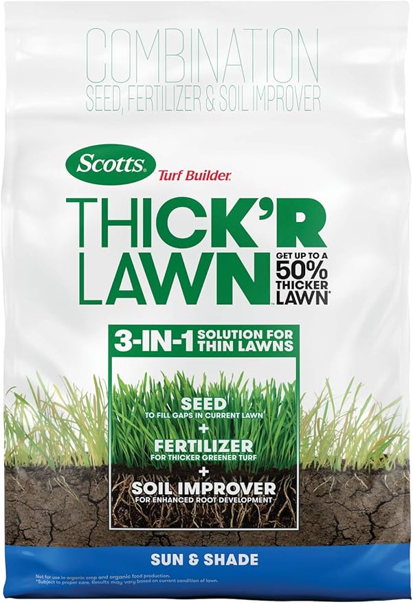 Scotts Turf Builder Thick'R Lawn Sun and Shade, Combination Seed, Fertilizer and Soil Improver, Thickens Thin Grass, 12 lbs.