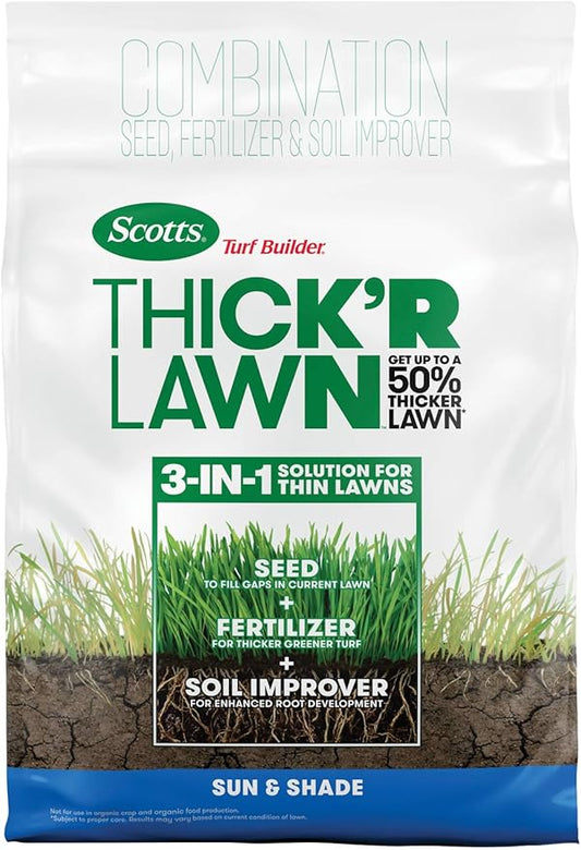 Scotts Turf Builder Thick'R Lawn Sun and Shade, Combination Seed, Fertilizer and Soil Improver, Thickens Thin Grass, 12 lbs.