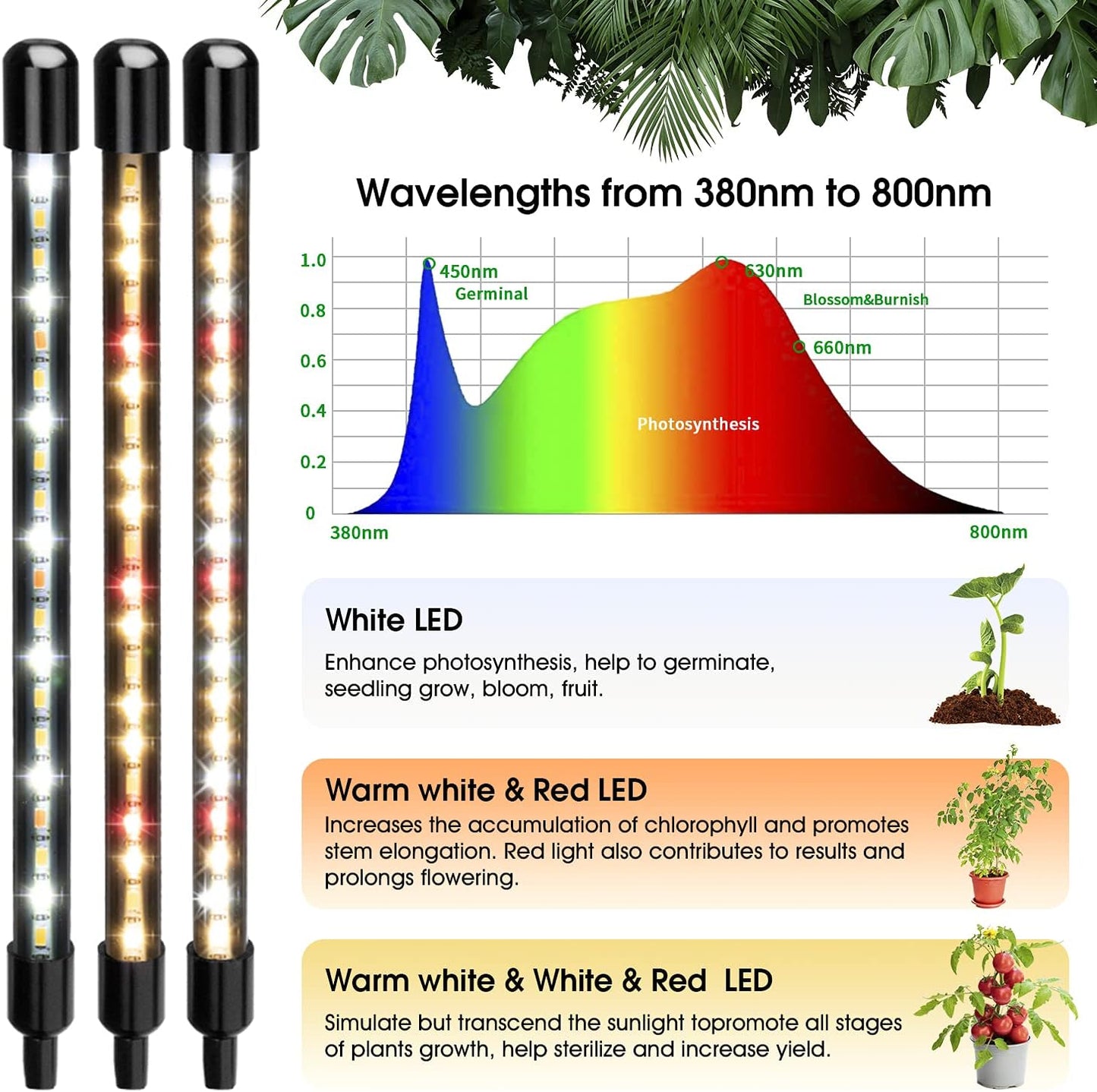 Wolezek Grow Lights for Indoor Plants, 2 Pack 80 LED Full Spectrum Grow Light with Clip, Plant Light with 5000K/3000K/660nm LED Chips, Auto Timer 6/12/16H, Grow Lamp for Seed Starting, Winter Growth
