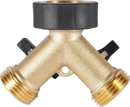 Garden Hose Splitter 2 Way Heavy Duty, Brass Hose Y Splitter with Shutoff Valve, Easy Grip Handle, Water Spigot Outdoor Faucet Splitter Y Adapter with 2 Extra Rubber Washers