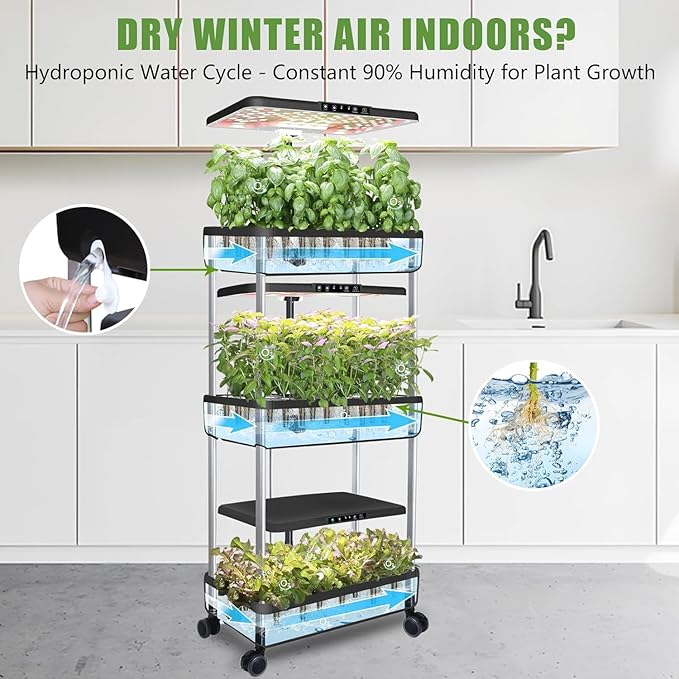 66-Pod Indoor Hydroponic Growing System + 3 Free Seeds Starter Kit (Lettuce, Salad Mixed, Basil Seeds) – Dual 53W Full-Spectrum LED, 10-L Water Tank, 3-Tier Grow Pods