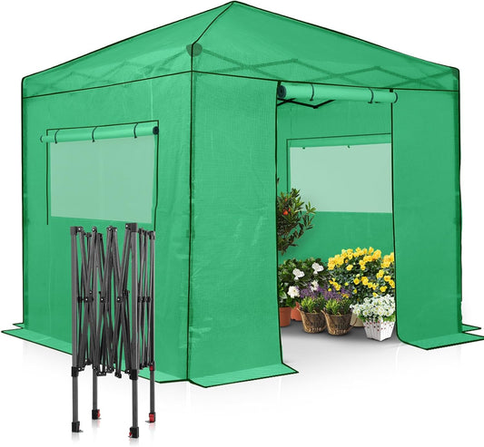 EAGLE PEAK Instant Pop-up Greenhouse, Indoor Outdoor Plant Gardening Green House, Roll-Up Zipper Doors and Side Windows, Walk in 8x8 ft, PE Cover, Green/Clear
