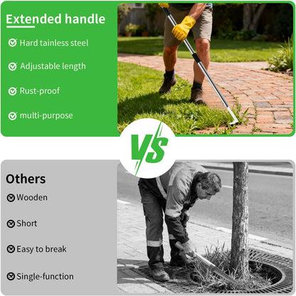 3-in-1 Multi-Function weed puller tool set: Crack Weeder, Moss Scraper Brush & Hoe Head, Interchangeable Heads with Adjustable Long Handle, Manual Weed Remover for Driveways, Patios & Garden Cracks