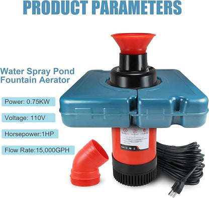 Goldlife Pond Fountain Aerator, F1-4 1HP 750W 110V PowerfuI Floating Pond Fountain Pump With 100 FT Power Cord, Outdoor Pond Aerating Fountains Cascade Pump for Small Large Ponds Lake Pond Jet System