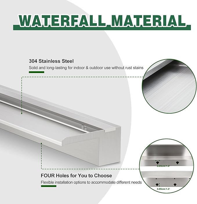 Waterfall Pool Fountain, LONGRUNNEW Stainless Steel Waterfall Spillway with Pipe Connector Kits for Outdoor/Indoor Decorative, 35.4 Inches Pool Water Feature for Garden Patio, Backyard Koi Pond Decor