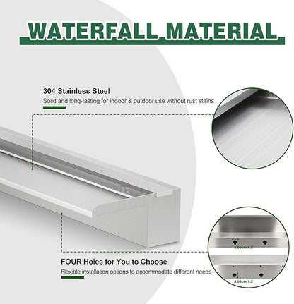 Waterfall Pool Fountain, LONGRUNNEW Stainless Steel Waterfall Spillway with Pipe Connector Kits for Outdoor/Indoor Decorative, 35.4 Inches Pool Water Feature for Garden Patio, Backyard Koi Pond Decor