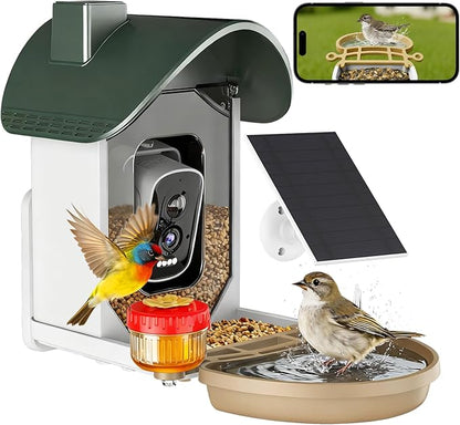 ChirpingPal™ AI Smart Bird & Hummingbird Feeder with Camera | 2.5K HD Live View & Photos | Night Vision | 10,000+ Species ID | Solar-Powered with Built-in Battery | with Bird Bath Kit | Green & White