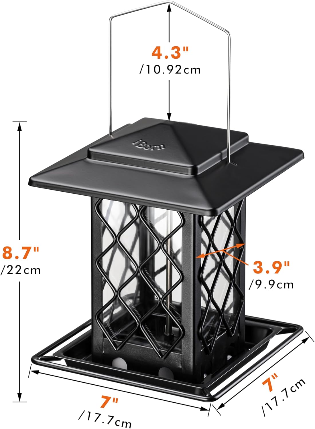 iBorn Bird Feeders for Outdoors, Metal Bird Feeder, Wild Bird Feeders for Cardinal, 2.4LBS Capacity,18cm Large Roof, Lantern Style, Black