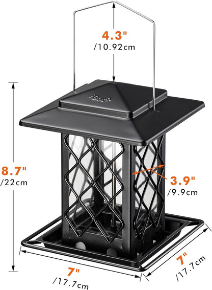 iBorn Bird Feeders for Outdoors, Metal Bird Feeder, Wild Bird Feeders for Cardinal, 2.4LBS Capacity,18cm Large Roof, Lantern Style, Black