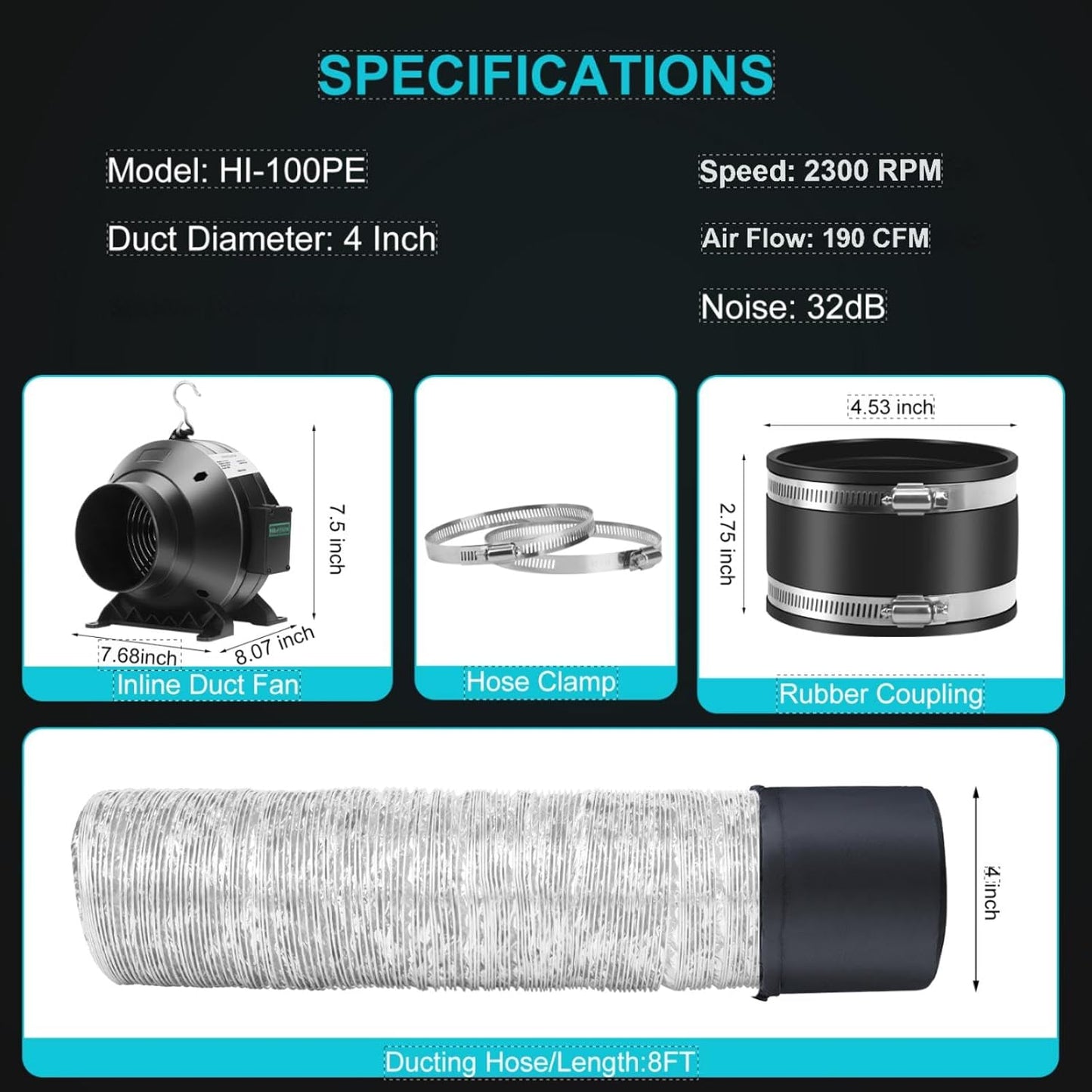 MELONFARM Air Filtration Kit, 4" 190 CFM Inline Duct Fan with E12 Speed Controller, 6.6 Ft Ducting & Rubber Coupler, Ventilation Exhaust Fan for Cooling Booster, Grow Tents, Hydroponics