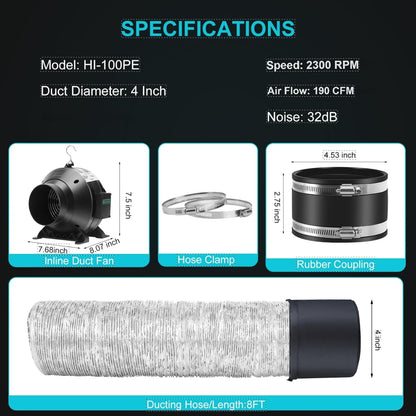 MELONFARM Air Filtration Kit, 4" 190 CFM Inline Duct Fan with E12 Speed Controller, 6.6 Ft Ducting & Rubber Coupler, Ventilation Exhaust Fan for Cooling Booster, Grow Tents, Hydroponics