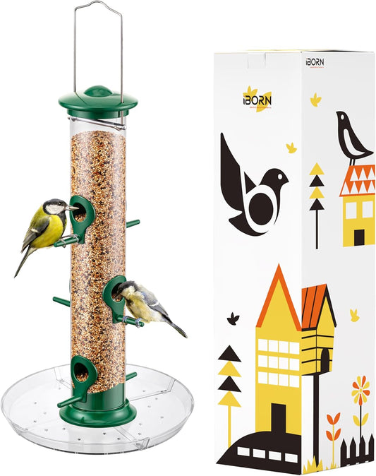 iBorn Bird Feeders Seed Catcher for Outside Hanging 6 Port Bird Feeder for Cardinal Birds Aluminium Metal,Green Finishing 14 Inch 6 Port (Seed is not Included)