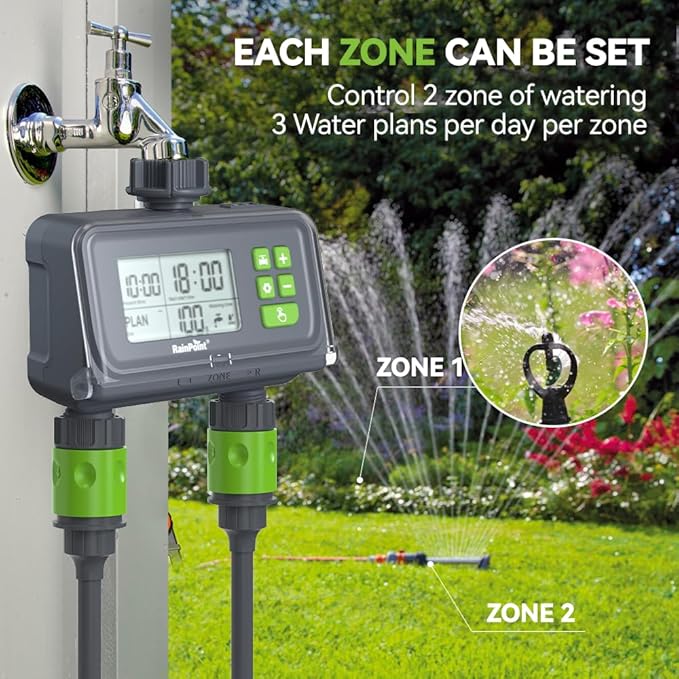 RAINPOINT 2 Zone Smart Water Timer for Garden Hoses - Lawn Sprinkler Timers with Up to 3 Preset Programs, Rain Delay Sensor, Smart Water Hose Timers, Drip Irrigation Timer for Garden Watering System