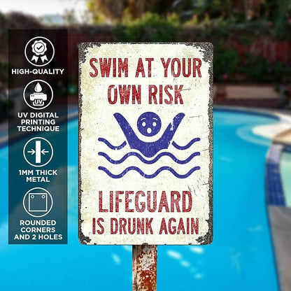Pool Sign-'Swim at Your Own Risk'-Vintage Metal Funny Metal Signs for Decor Outdoor,Funny Pool Sign for Outside 8x12 Inch