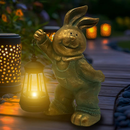 Outdoor Bunny Statue Solar Lantern for Garden Yard Lawn Patio Bronze Rabbit Figurine Decorations Housewarming Halloween Gifts for Mom Grandma Women