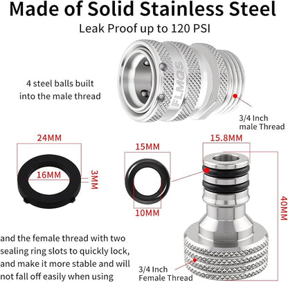 Garden Hose Quick Connect, Solid Stainless Steel 3/4 inch GHT Quick Connector Hose Fitting, Leak Proof up to 120 PSI Water Hose Connectors Adapter, Premium Garden Hose Disconnect(1 Set)