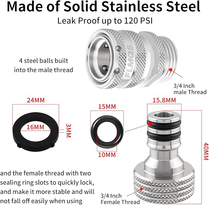 Garden Hose Quick Connect 3 Set, Solid Stainless Steel 3/4 inch GHT Quick Connector Garden Hose Fitting, Leak Proof up to 120 PSI Water Hose Connectors Adapter, Premium Hose Connect (3 Set)
