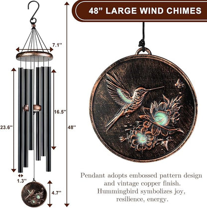 Large Wind Chimes for Outside, 48" Vintage Hummingbird Deep Tone Wind Chime Outdoor Clearance with Heavy Tubes, Patio Porch Balcony Decoration, Garden Hanging Decor Gifts for Women Men