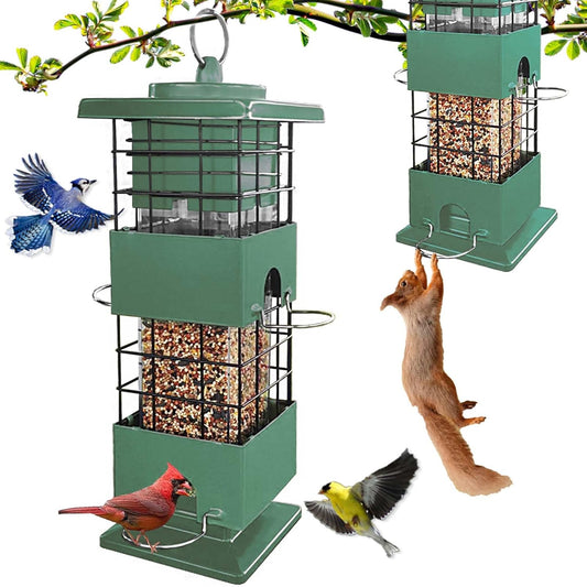 Squirrel Proof Bird Feeder, 3LBS Large Capacity Hanging Bird Feeders with Weight-Activated Perches for Outdoors, Metal Wild Birdfeeder for Blue Jay, Cardinal, Outside (Green)