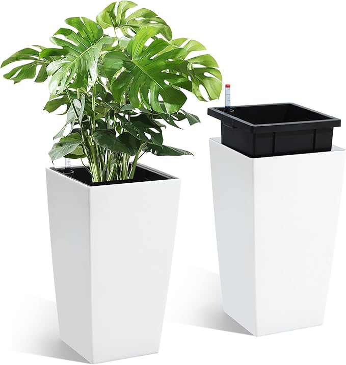 GarveeLife 16 in Tall Planters Set of 2, Outdoor＆Indoor Black Planter Pots, High Front Porch Planter Pots with Drainage Holes＆Water Level Monitor＆Inner Bucket, Automatic Watering,White