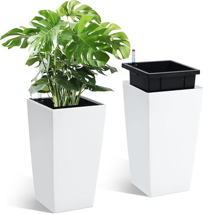 GarveeLife 16 in Tall Planters Set of 2, Outdoor＆Indoor Black Planter Pots, High Front Porch Planter Pots with Drainage Holes＆Water Level Monitor＆Inner Bucket, Automatic Watering,White