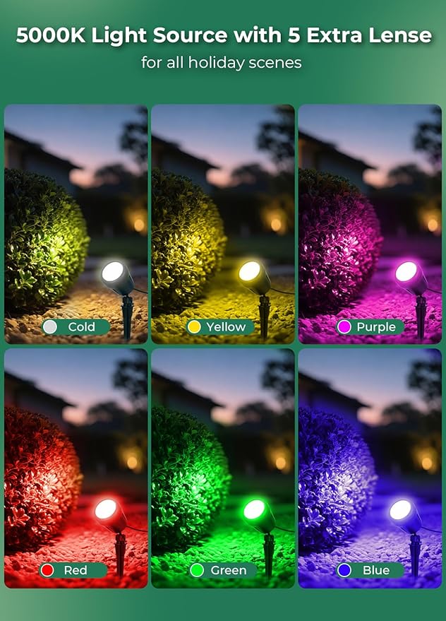 Halloween Spotlights Outdoor, 120V Plug-in Christmas Spot Light, 5000K LED Landscape Lighting with 5 Color Lenses (Red Green Blue Purple Yellow), IP67 Waterproof, 2 Pack