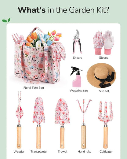 Gardening Tools, 10-Piece Gardening Gift Set for Women, Rust-Proof & Heavy-Duty Tools with Floral Organizer Bag, Fashionable & Thoughtful Gift for Garden Women (Pink)