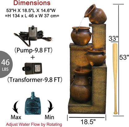 53" H Large Outdoor Water Fountain with Lights - 4 Tiered Cascading Bowls Waterfall Fountain for Garden, Patio, Backyard, Porch Inside - Freestanding Outdoor Water Feature Gold