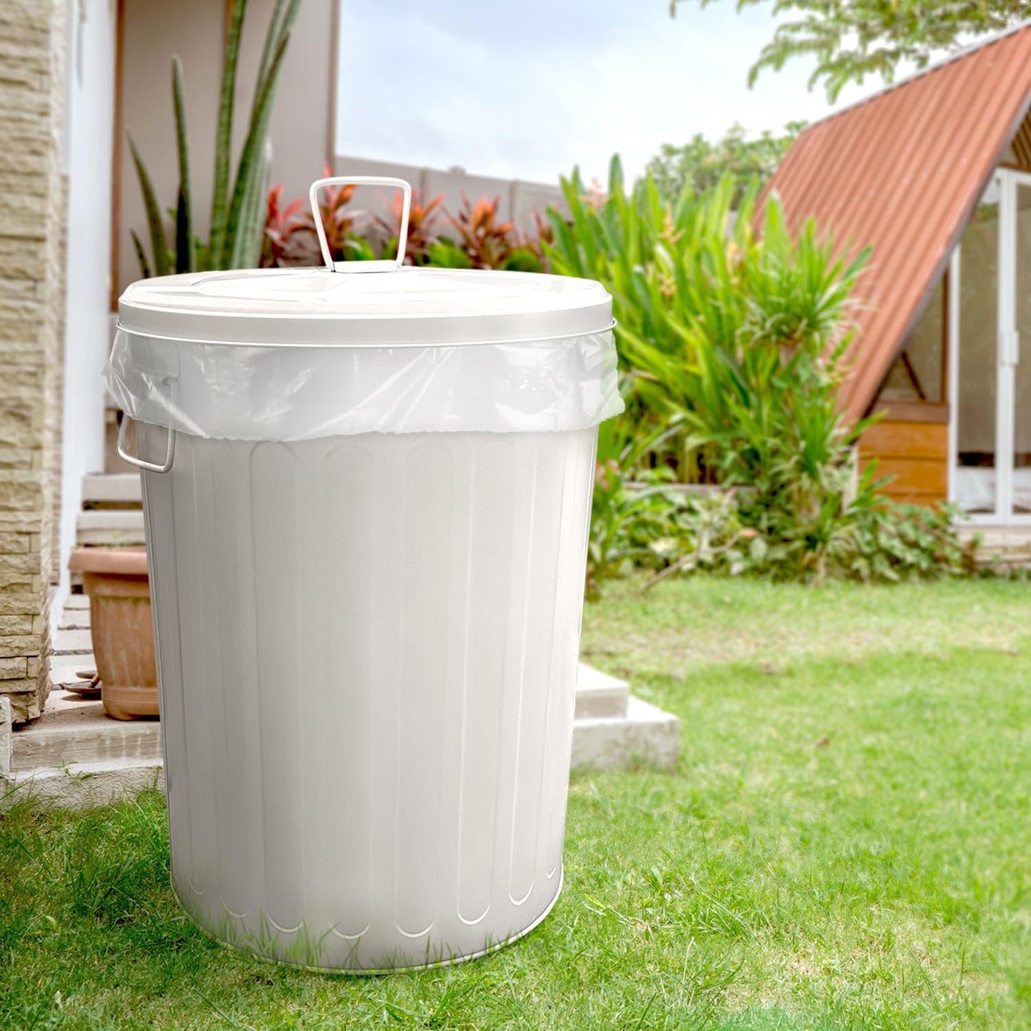 Plexon Large Metal Trash Can with Lid 20 Gallon, Decorative Outdoor Trash Can, Heavy Duty Galvanized Metal Bucket with Lid for Kitchen Garage Farmhouse, Beige, 3 Pack