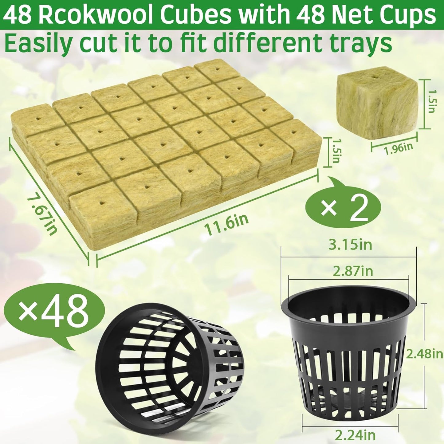 Halatool 48 x 2-Inch Rockwool Cubes & 48 x 3-Inch Net Cups - Hydroponics Starter Kit for Plants Cloning, Seed Starting, and Patio Gardening - Durable, Effective, Great Gift Option