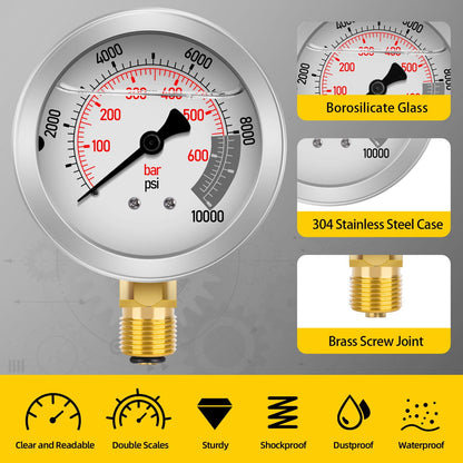 Hydraulic Pressure Test Kit with 5 Gauges(Max 10000 PSI), 13 Test Couplings 14 Tee Connectors 5 Test Hoses, Hydraulic Gauge Tester Set for Excavator, Construction, Machinery, and Mine