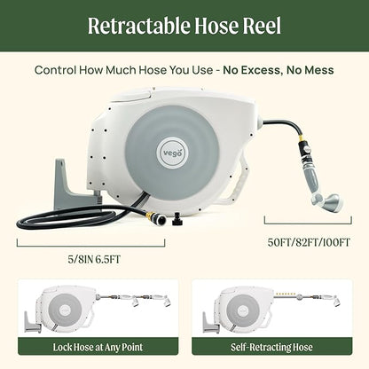 Vego Garden Hose Reel Retractable Hi-Flow Wall Mounted Hose Reel Automatic Rewind, Any Length Lock with 9 Patterns Sprayer Nozzle, Quick Connector and Adjustable shot Nozzle (Cloud White, 100ft)