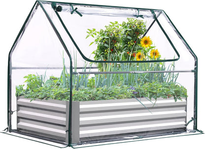 Quictent Raised Garden Bed with Cover Outdoor Galvanized Steel Planter Box Kit with Greenhouse Large Zipper Window Dual Use, 20pcs T-Type Tags & 1 Pair of Gloves Included 4x2.6x1 FT, Clear