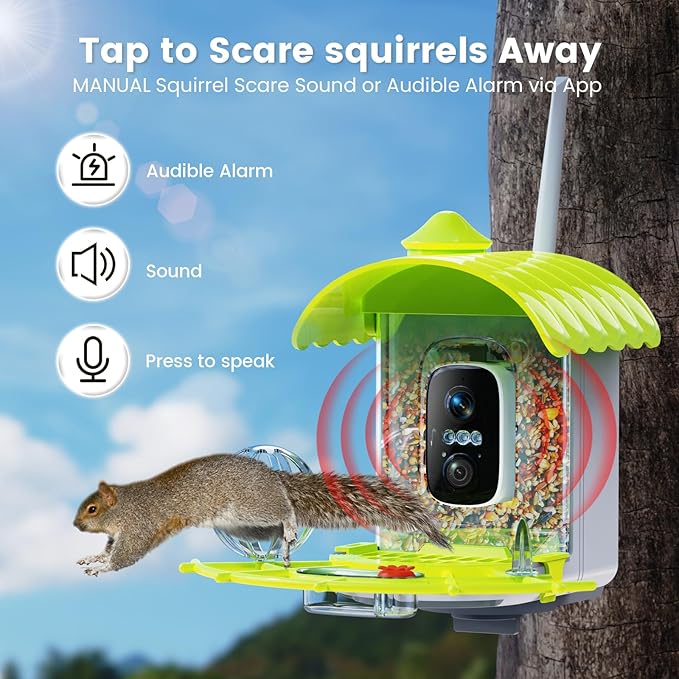 Smart Bird Feeder with Camera, AI Identify Birds Species Solar Powered, 2K HD Video Bird House with Camera, Instant Arrival Alerts, Waterproof Squirrel Proof, Gift for BirdLovers, 2.4GHz WiFi, Green