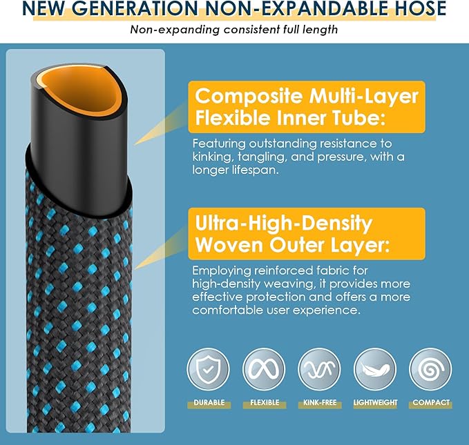 Non-Expanding Garden Hose 50 ft, Flexible Water Hose with 10 Function Spray Nozzle, Lightweight Hose Pipe, Leak-Proof, Durable, Kink-Resistant, 3/4 Inch Connector, Portable Storage Strap