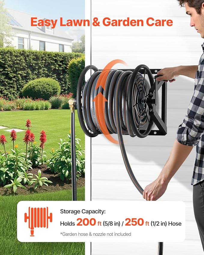 VEVOR Wall Mounted Garden Hose Reel, Holds 200 ft 5/8-inch Manual Water Hose Winder, Heavy-Duty Steel, Outdoor Reel with Brass Fitting & 5ft Leader Hose, Space Saving, for Yard Lawn Garage