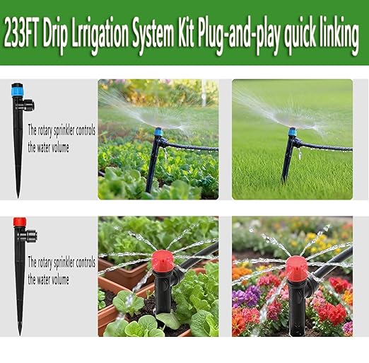 233FT Drip Irrigation System Kit with Quick-Connect System,33FT 1/2" Mainline & 200FT 1/4" Tubing,Brass Y-Type Splitter,Adjustable Nozzle Types.Efficient Sprinkler System Kit