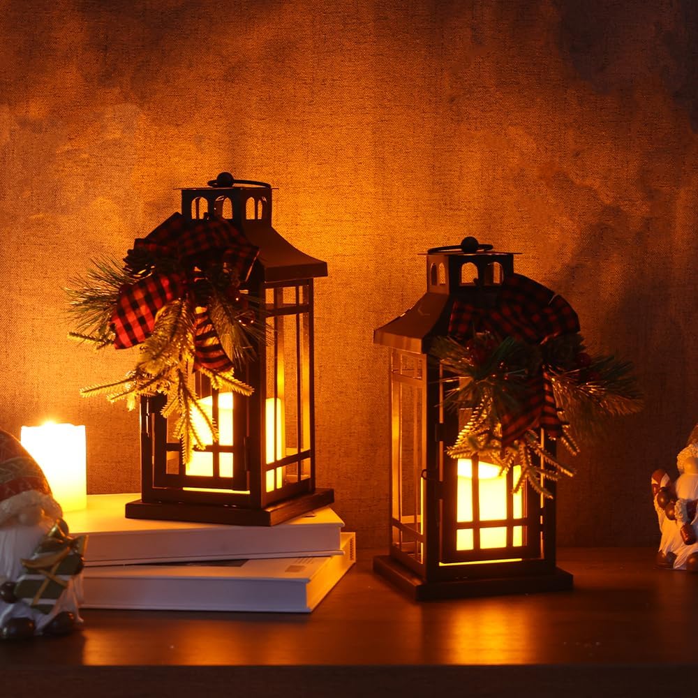 NEEDOMO 2 Pcs Christmas Decorations Indoor, Outdoor Christmas Led Lanterns Decorative for Table Centerpieces, Vintage Metal Hanging Candle Holder, Home Decor for Party, Living Room, Patio, Porch