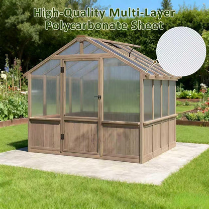 Greenhouse for Outdoor, 6x8ft-8x12ft Wooden WAK-in Greenhouse Kitwith 6MM Thick Polycarbonate Panel, Lockable Door & Adjustable Roof Vent ，Backyard Garden ﻿ (Light Mocha Brown, 8*8FT)