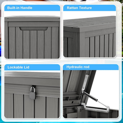 TARKARI 200 Gallon Lockable Resin Deck Box, Waterproof & UV-Resistant Outdoor Storage Box for Outdoor Cushion Storage, Garden Tools & Pool Accessories Storage, Gray