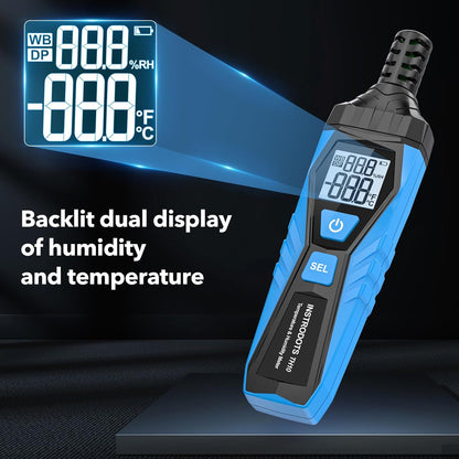 Temperature Humidity Meter - Handheld Thermometer Hygrometer with Ambient, Dew Point, Wet Bulb, High Precision Wet Bulb Thermometer, Dual Display Temperature & Humidity with LCD Backlight