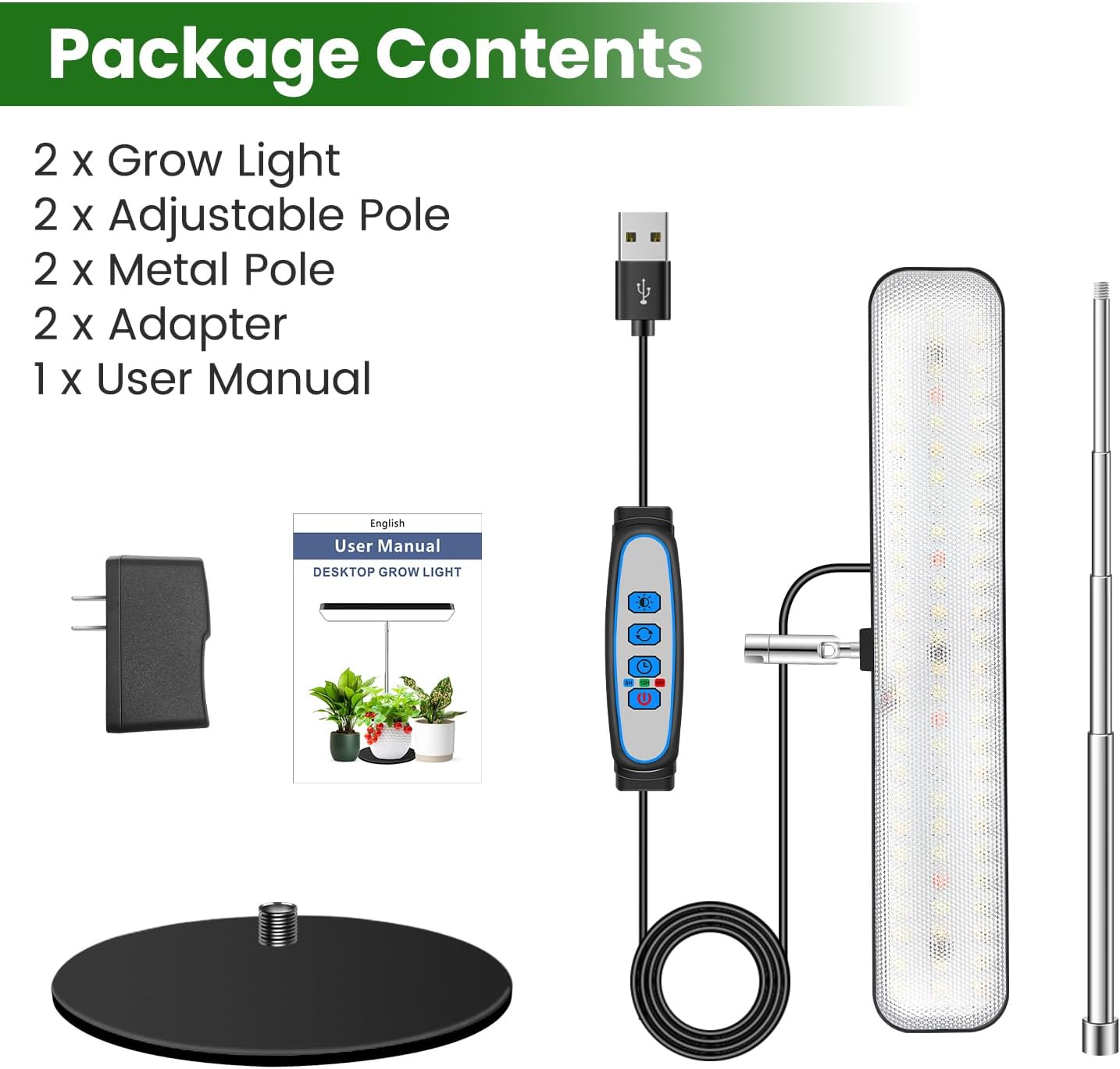 Wiaxulay Grow Lights, Full Spectrum Plant Light for Indoor Plants, Height Adjustable Desktop Grow Lamp with Auto Timer 6/12/16Hrs, 3 Lighting Modes,5 Brightness,Ideal for Potting Soil, 2 Pack