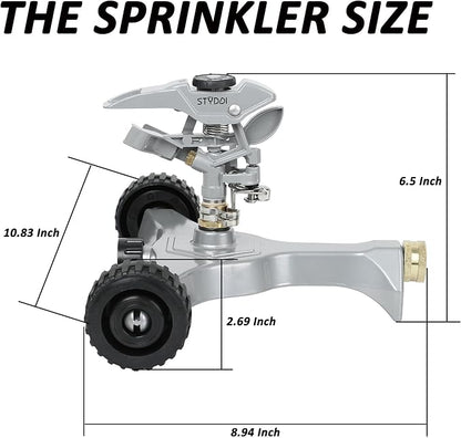 STYDDI Metal Pulsating Sprinkler on in-Series Metal Wheeled Base, Adjustable Circular Water Sprinkler for Medium to Large Circular Lawn, Yard, Garden and Large Areas, Coverage up to 6,360 Sq. ft