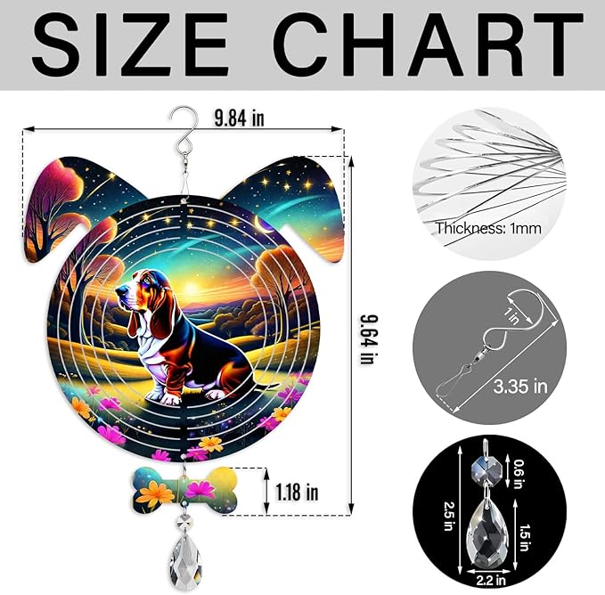 Basset Hound Dog Ears Wind Spinner, Basset Hound Wind Spinner Hanging for Yard and Garden