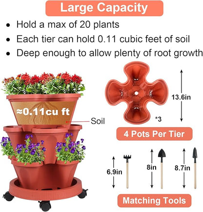 Vertical Planter 3 Tier Stackable Planters Garden Planters Strawberry Herb Flower and Vegetable Planter Indoor Outdoor Gardening Pots with Removable Wheels and Tools